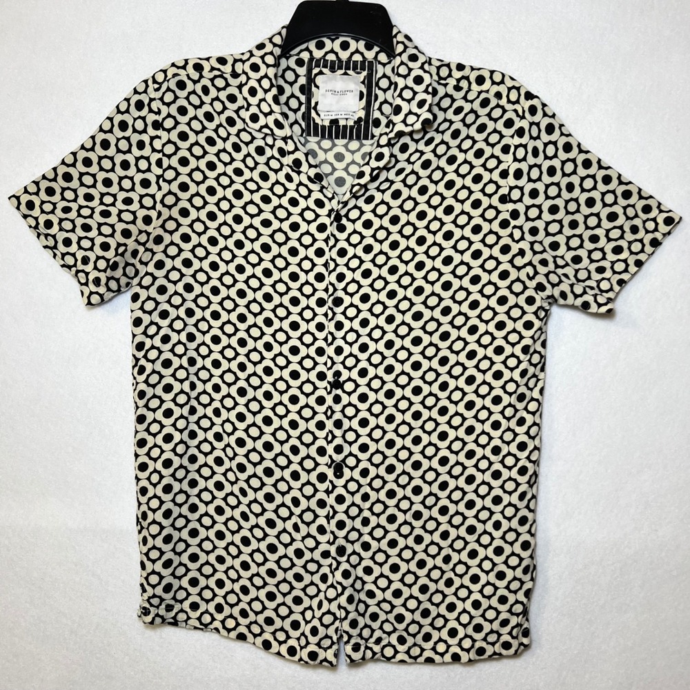 Denim & Flower Ricky Singh 60s Mod Indie Artsy Black Cream Floral Shirt Men M